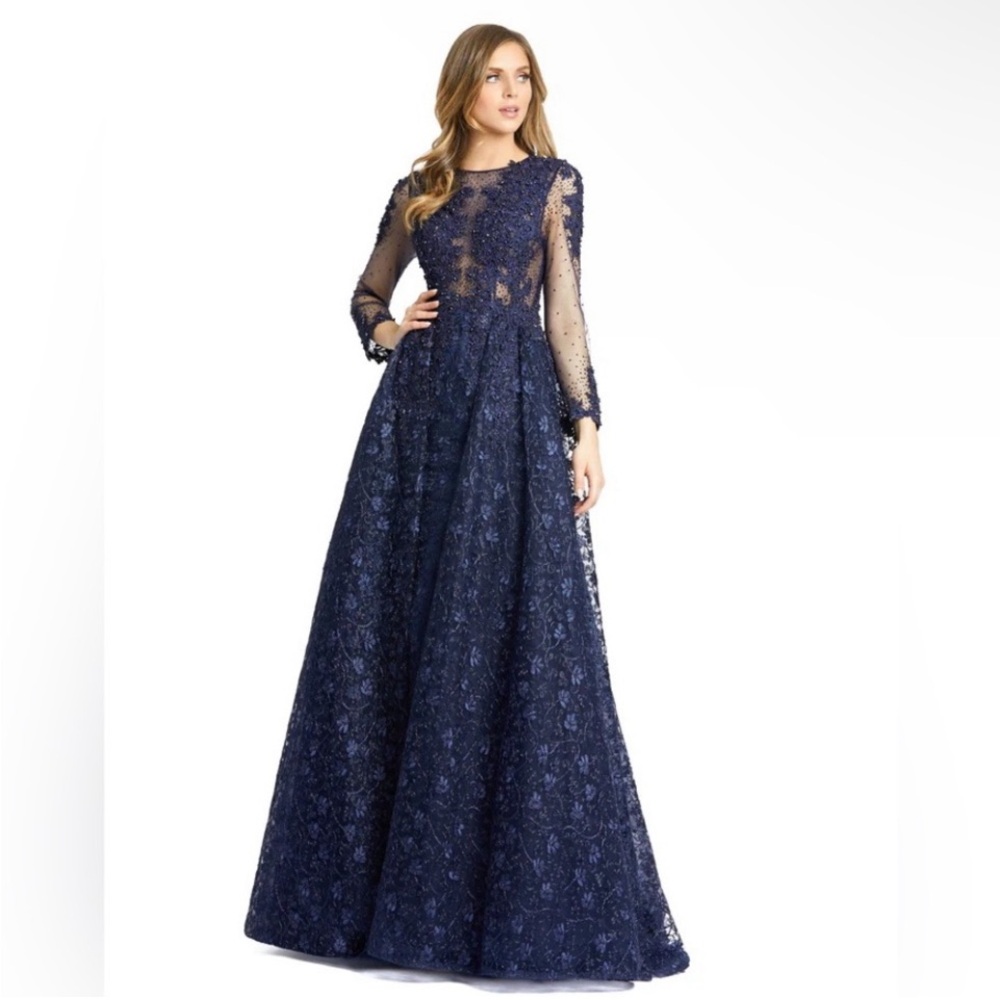 New! Mac Duggal Embellished Illusion Long Sleeve‎ A Line Gown 20100 Sz 6 $798